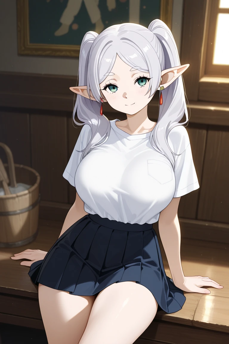 masterpiece, highest quality, (shape), alone, frozen, Pointy Ears, Twin tails, Green Eyes, Fairy, Long Hair, Gray Hair, Thick eyebrows, Parted bangs, (Stouting big breasts:1.5), Are standing, Excellentper body, smile, (Show Viewer), (close_Excellent:0.85), (((grabbing breasts)))