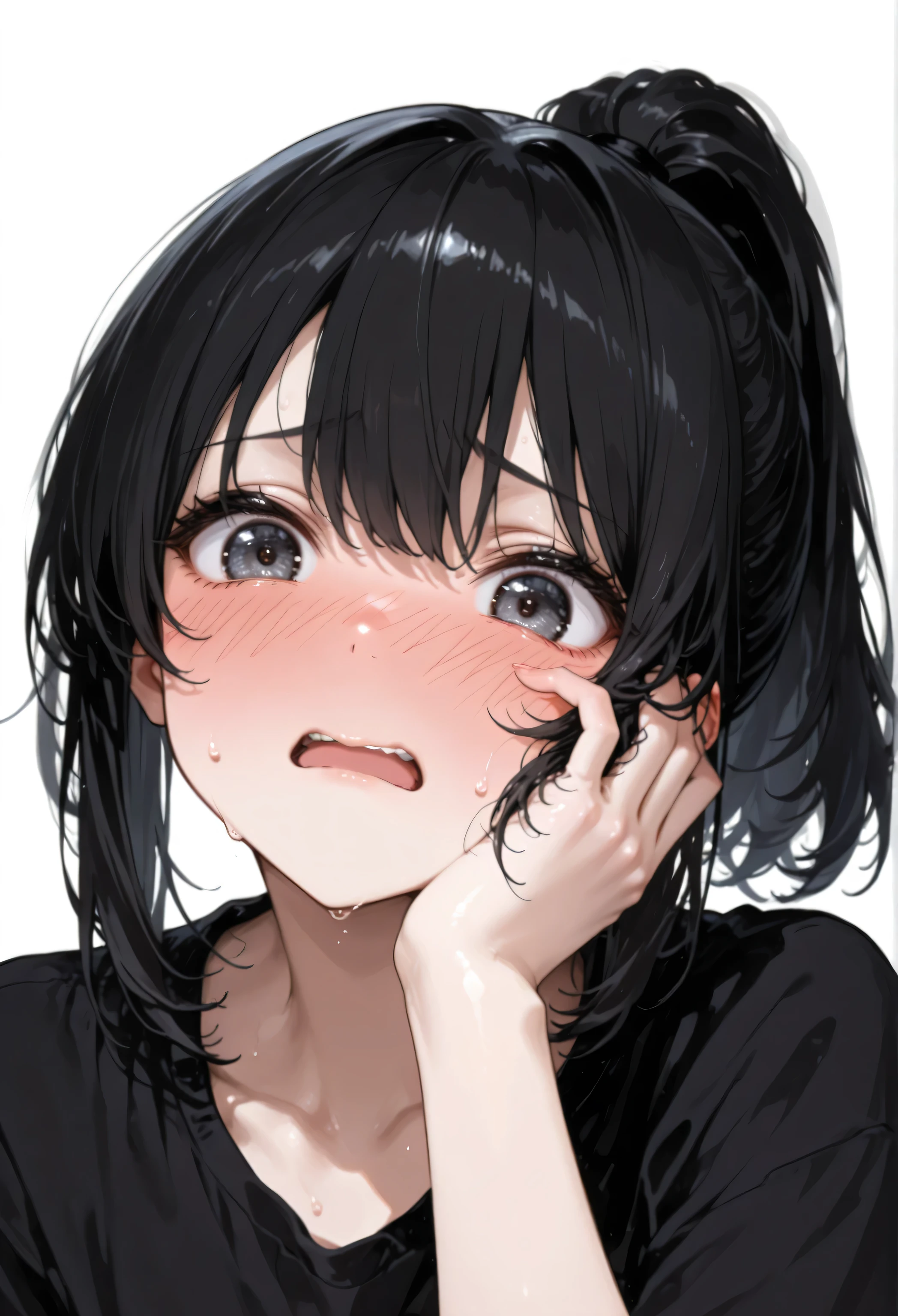 black hair ponytail、black t-shirt、embarrassed face、Hand on cheek、open your mouth、angle from below、White background