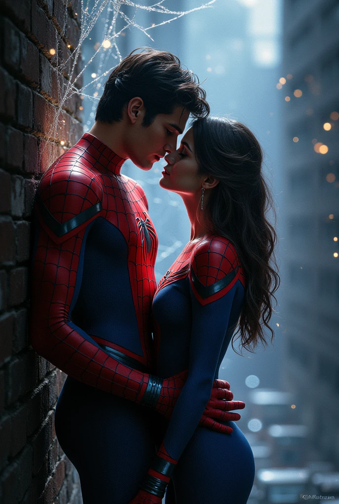 Peter parker from andrew garfield hugging anya corazón from isabela merced in love and happy 

