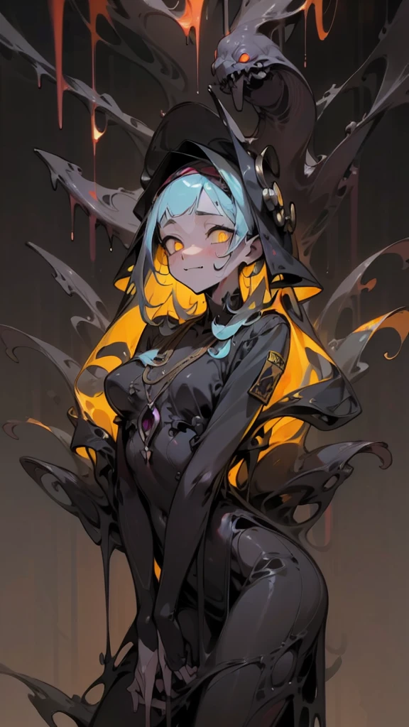 madaraki_Fran,girl ,stand,awkward,Mad hatter ,Surgeon ,Wrinkle,Concerned,(()), Long Hair , Yellow Hair,stitch , Body scars , Creepy look , scary eyes , Intimidating appearance , Creepy Smile , Sagging under the eyes, ((((tired))))
