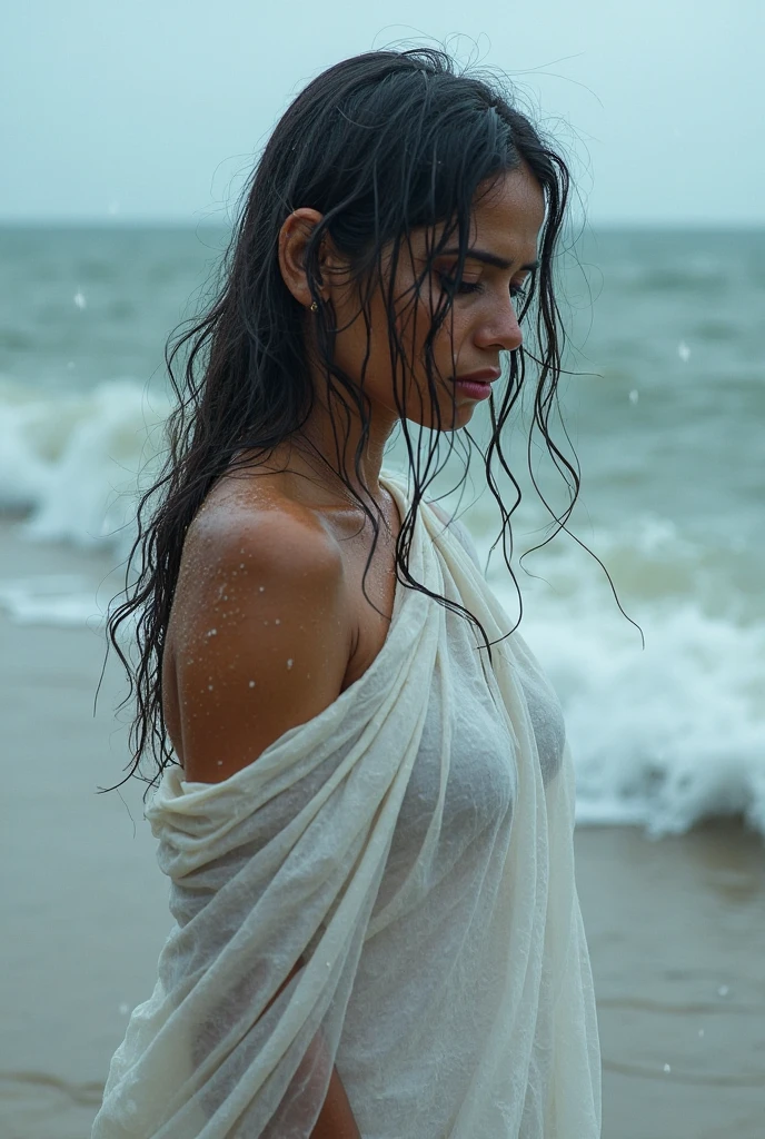 Model like, tall beautiful woman, dripping wet walking on beach at sunset, wearing just a wet white shirt with rolled up sleeves, and no underwear. With long brown hair, tanned skin. Facing camera