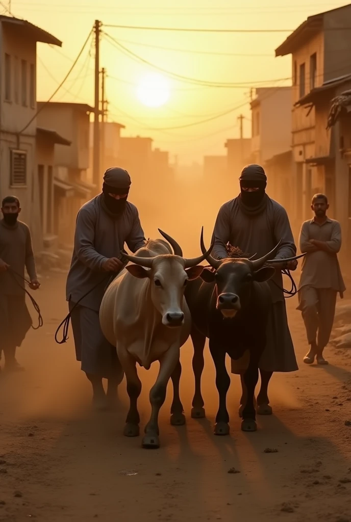Indian men runnijg with cow and crowd behind with go back up rapists poster