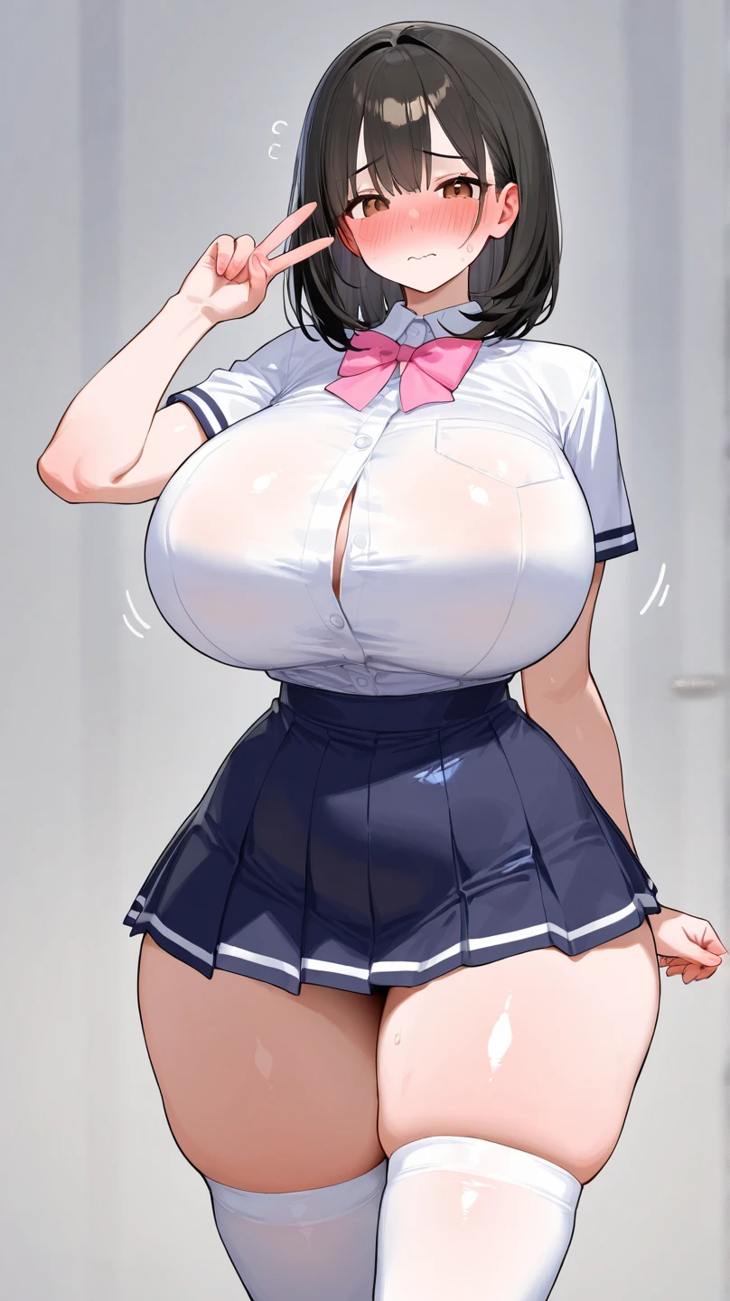 (sunset, crossing, neighborhood, schoolway, alley:1.4), high resolution, extremely detailed CG, unity 8k wallpaper, super detailed skin, perfect anatomy, detailed, cinematic lighting, dynamic lighting, beautiful detailed eyes, black short hair, (18yo girl:1.8)(smile:1.2)、(looking at viewer:1.8), (gigantic breasts:1.4)、 (sailor uniform:1.5), (upskirt:1.2), (gleaming skin:1.2)、
(arms behind back, walking:1.3),