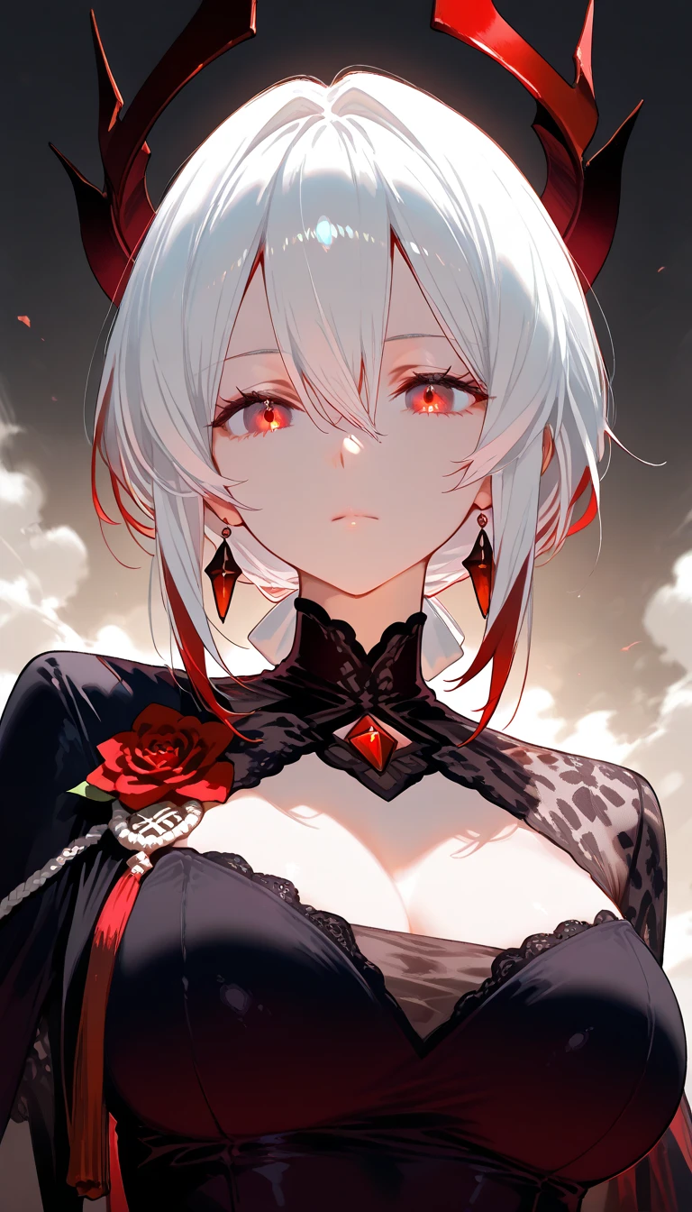 1girll,White color hair,Various hairstyles,Wear a black flower on your head,beauitful face,crisp breasts,Convex buttocks,Wearing a black gauze tights,Wear a black wristband,Black lace-up heels,Wearing a black military uniform overcoat,The inside of the coat is red,perfectly proportioned, Cinematic lighting, filmgrain, Fujicolor, lightand shade contrast, 8K, 巨作, Textured skin, Super detail, high detal, High quality, A high resolution,