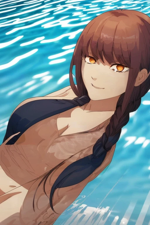 sexy pose, very tempting pose, blue bikini, swimming pool back home background, Mei Terumi, anime cels style, best quality, high resolution, 1girl, (large breasts:1.2), beautiful face, long hair, brown hair, green eyes, ((hair over one eye)), lipstick, cowboy shot, light smile