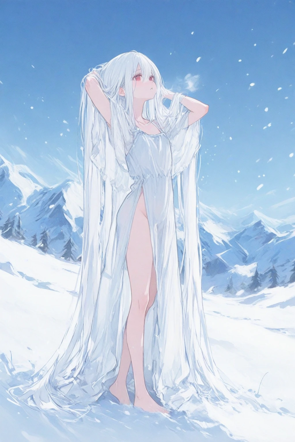 Elf Girl、8-year-old、Medium-long silver hair、Silver Eyes、Completely naked、Seductive expression、whole body、Standing posture