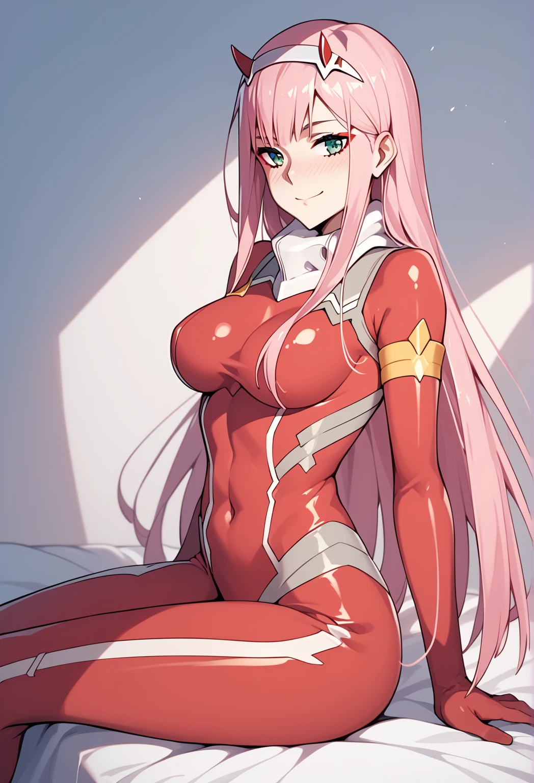 1boy,Zero Two, Zero Two, (Green eyes:1.5), shairband, Horns, Long hair, Pink hair, red Horns, white shairband,
BREAK bodysuit, Covered navel, pilotsuit, Red bodysuit, Science fiction,
BREAK indoors, crass room,Exposed large、
BREAK looking at viewer, BREAK (masutepiece:1.2), Best Quality, High resolution, Unity 8k壁纸, (Illustration:0.8), (Beautiful detailed eyes:1.6), extra detailed face, Perfect Lighting, extremely details CG, (Perfect hands, Perfect Anatomy),
