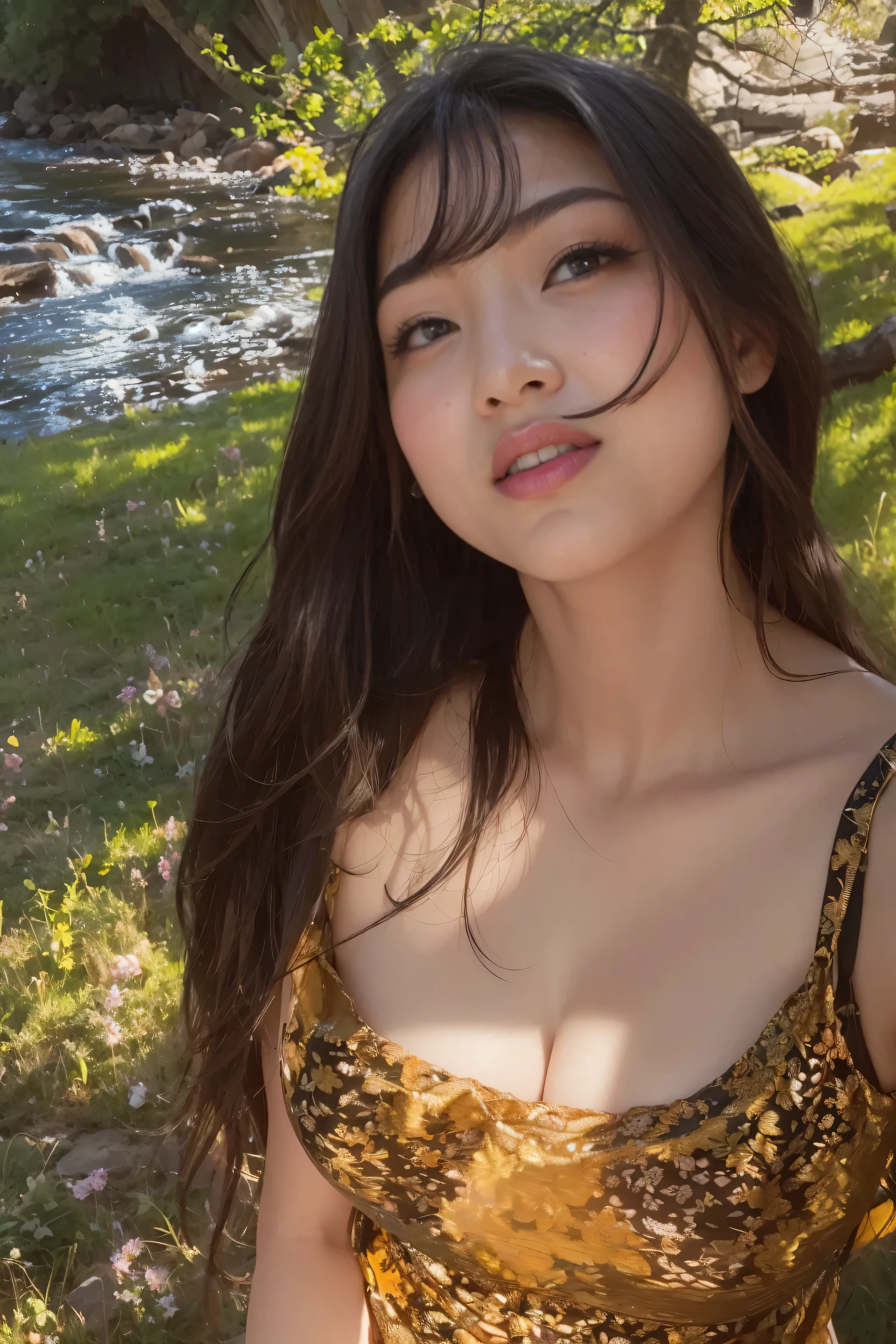 Super high res, ( top quality ,4K, Perfect Sharpness , Ultra-Fine, high res,masterpiece:1.2), Perfect Anatomy:1.5, Story Telling Illustration 、Body Positivity、 physical expression 、( Energetic Pose)、 perfect beauty, (Very strong winds)、 deep expression 、 dynamic composition、 Golden Ratio Composition、colorful、bangs、 black hair 、（Soft, flowing hair）、（(Nostalgic atmosphere )）、（(Playful and easygoing)）、（Diverse characters）、（( Graceful Posture)）、（Convivial atmosphere）、 shorts、A faint smile、 ((Emotional))、( braid hair)、Natural reaction、Summer clothing、 shows her thighs 、