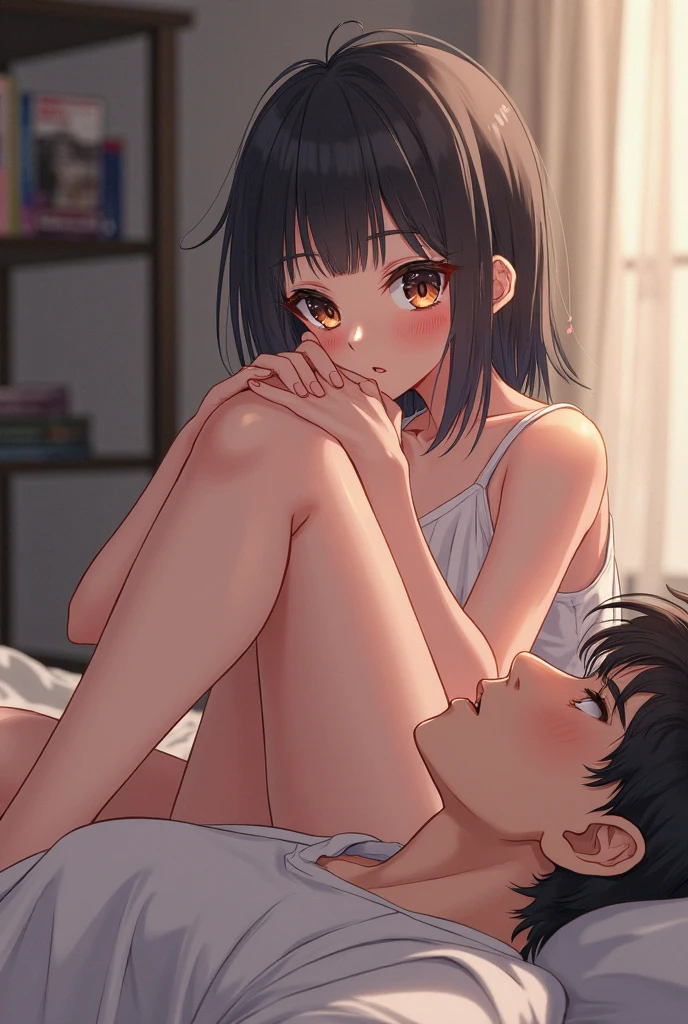 nsfw,(1boy and 1girl,having sex)),cowgirl position,on bed,(back shot:1.2),Highest quality、Very delicate and beautiful、I、((12 years old ))、Japanese Girl、Primary school students、((Very short bangs))、((Bangs))、Brown Hair、((Short Bob))、Cute face、Cute like an idol、Yellow Eyes、Are thin、Slim figure、Bright room、Daytime、Sweat、Nice thighs、