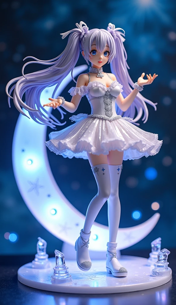 A premium collectible anime figure of a magical girl character positioned on an elegant crescent moon display base. The figure features intricate details: flowing silver-lavender twin-tail braids adorned with shimmering ribbons, a pristine white magical dress with metallic silver frills and translucent layered fabric that captures light beautifully. She wears white thigh-high stockings decorated with delicate star patterns and matching fingerless gloves. Her expression shows a playful, confident smile. The figure is photographed from a dynamic low angle that emphasizes the craftsmanship and poses. Professional figure photography lighting highlights every detail of the sculpting and paint work. The custom pedestal features transparent acrylic supports with embedded LED galactic patterns that create an ethereal glow. Background showcases a deep cosmic starfield with floating magical circles and luminous orbs, creating a mystical atmosphere. High-end collectible figure quality, museum-grade display lighting, crystal clear detail capture, premium anime figure photography.
