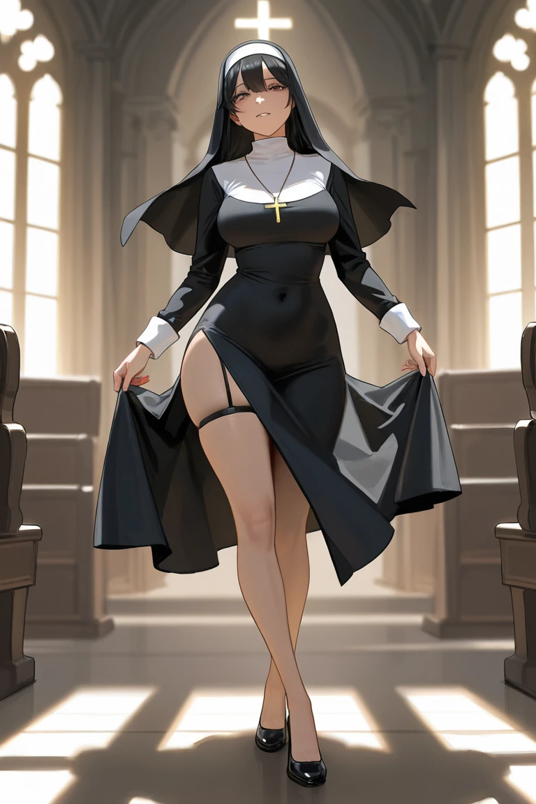 A masterpiece, full body, a beautiful girl,long loose black hair, blue-eyed, with black glasses, of a beautiful smile, dressed as a nun, On his neck he wears a necklace with a cross,with long stockings from the thigh, with black high heels,the background in the churches with mirrors