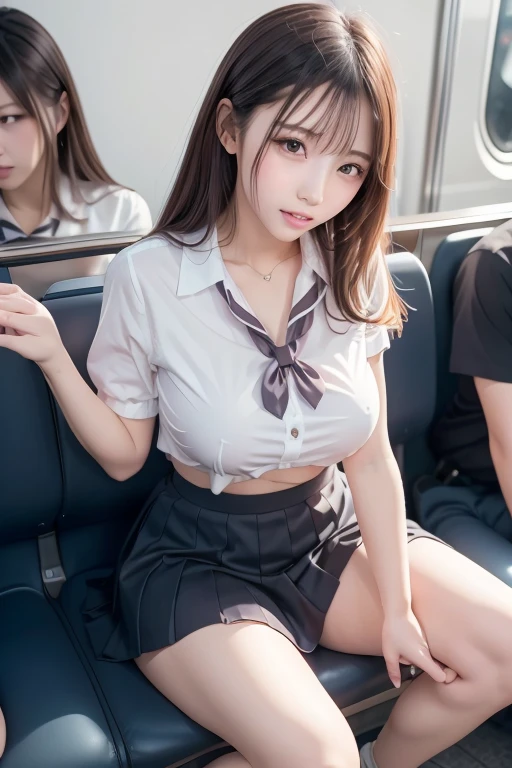 top-quality、masterpiece、超A high resolution、(Photorealsitic:1.4)、Raw photo、女の子1人、Brown hair with bangs、drooing eyes、thin-waist、Colossal tits、CA Uniform、On the plane、slim figure、Light smile with visible teeth