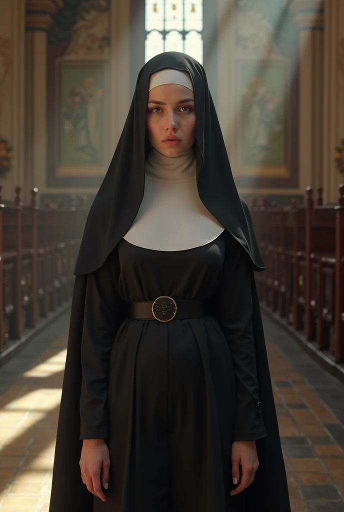 A nun with red hair and green eyes clad in gray clothes stands frightened in the cathedral, her semi-transparent habit revealing delicate outlines. her thin glossy lips quiver in fear as her detailed eyes express a deep sense of disturbance. The multiple angles of this 1.2 full body photo show her wavering figure, one angle highlighting her scared face with a trembling chin, another revealing the intricate design of her habit, and yet another capturing the detailed expression of her terrified gaze. The play of light and shadow in the cathedral accentuates her thin frame and the transparency of her clothes, adding to the eerie and suspenseful atmosphere. The photo is of the highest quality