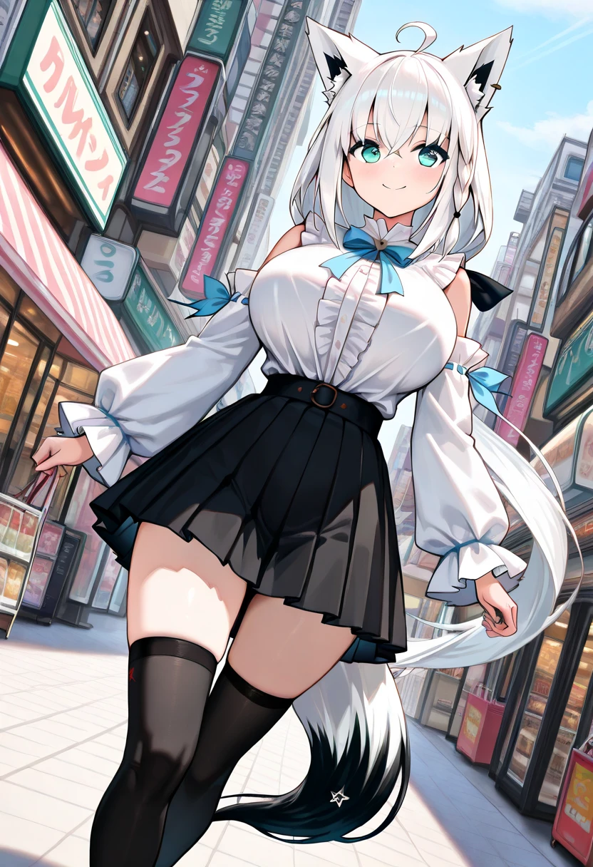 2d, masterpiece, best quality, anime, highly detailed eyes, highly detailed face, cowboy shot, feet out of frame, 1girl, solo, standing, smile, waving, tokyo \(city\), highly detailed background, <lora:shirakami fubuki 2:0.7> shirakami fubuki, fubuki, hololive, virtual youtuber, (white hair), medium hair, aqua eyes, fox girl, fox tail, fox ears, ear fluff, small breasts, wide hips, tall, braid, (single braid), (side braid), blue shirt, shorts, short shorts, black shorts