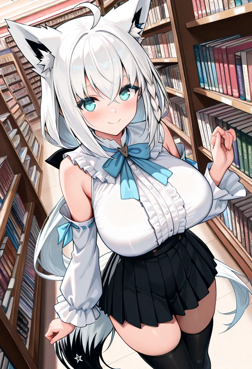 books everywhere, white tight dress, crystals, detailed, colorful