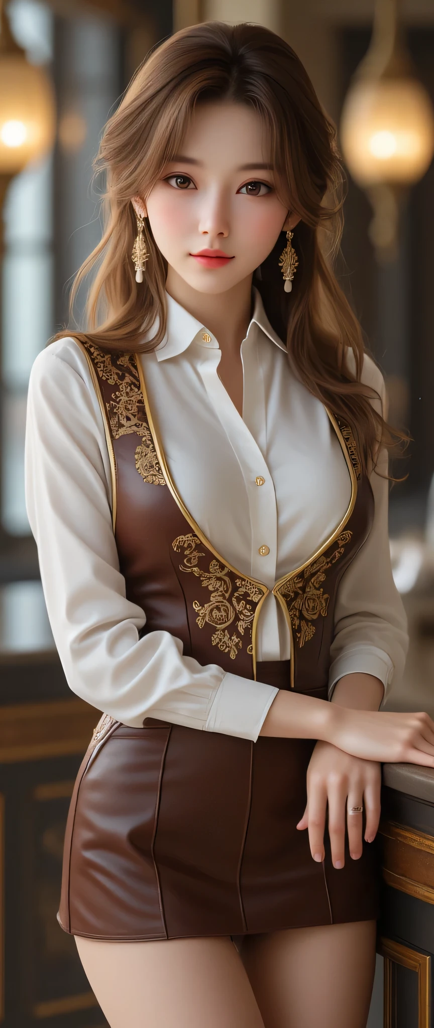 realistic She is sitting cross-legged on an expensive shiny gold desk and is looking at the camera with her provocative and charming eyes. white blouse She wears clothes made of fine fabric and has the buttons open all the way to her chest. The skirt is a tight black skirt Glossy mini skirt exciting perspective Angle that looks like you can see the pants but can't see them Cinematic fantastic atmosphere one knot The background is a fantastic rich man's room The skin is smooth and beautiful Beautiful red lips and soft skin Tight eyes