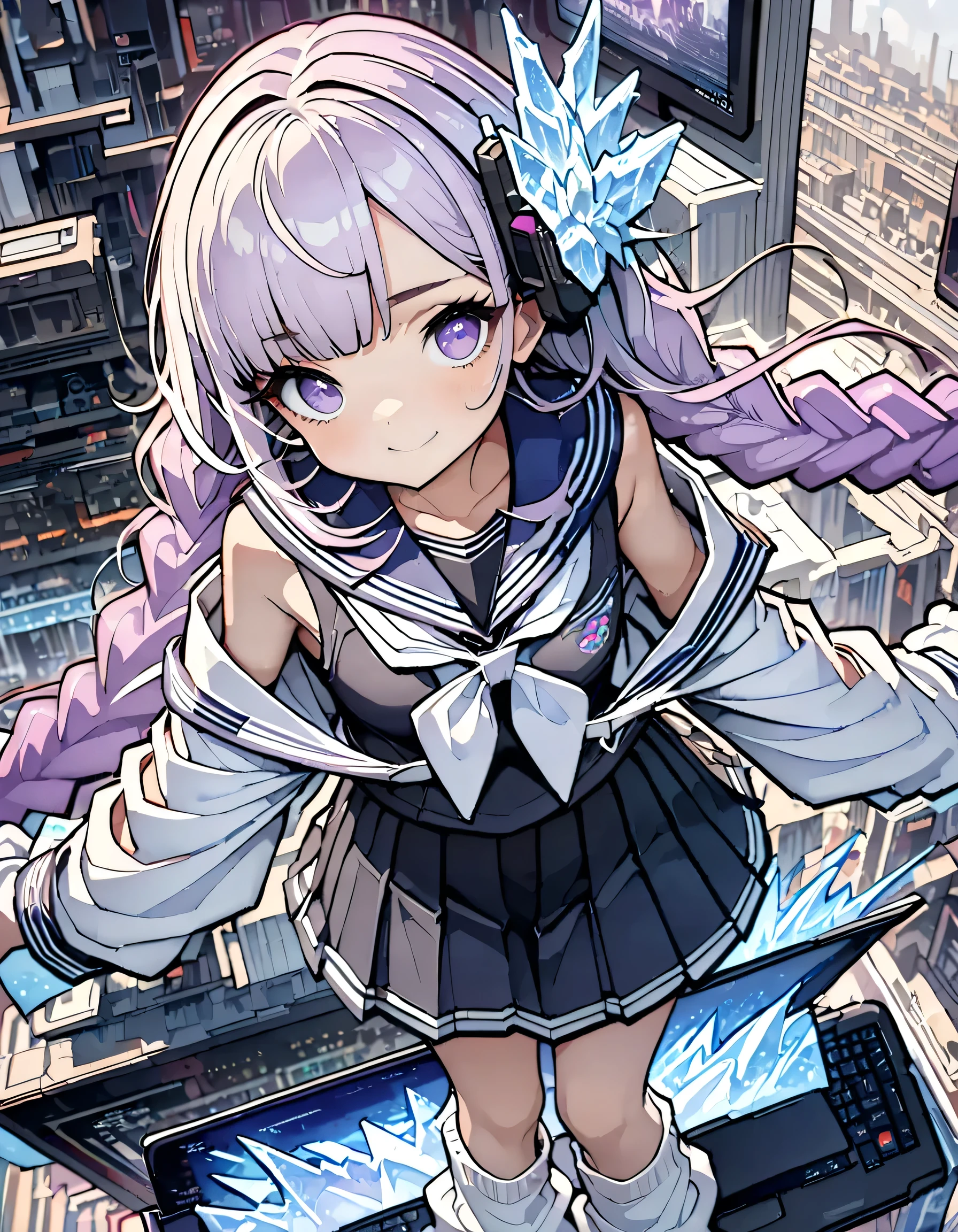 (top quality:1.2, Highly detailed, High Details, high contrast, masterpiece:1.2, top quality, BEST AESTHETICS), 1 female, (((sailor suit、loose socks、Loafers ))), exposes your shoulders, ((灰色の髪:1.4, purple bicolor hair , Long hair braided, white and purple hair accessory:1.2, dark purple bangs :1.1, asymmetrical bangs)), PURPLE EYES, double eyelid, detailed faces with ofisu, Flappy Blade, Source:1.2, wrinkles between eyebrows, endured face:1.2, , front view, cowboy shot, (((laptop that surround Kakure with ice magic:1.2, ))), wide-angle lens.The World of Electronic Circuits、electronics、(((vr,ar,Scouter)))、The formula is cooling the parts of the