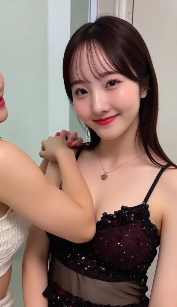 ((Cinematic lighting、top-quality、8K、超A high resolution、masterpiece:1.3))、((Good anatomy:1.2))、Clear focus:1.35、 nudde、1 Japan Girls、独奏、perfectbodybeauty:1.4、Slim abs:1.1、dark-brown eyes、disheveled middle brown hair、(Midnight Room、In front of the wall)、Slender face、Slender body、long lashes、eyeshadows、A sexy、Red cheeks、(Black Silk Gloss Dress)、(Close-up on the face:1.4)、with arms up、Show off your armpits、((( Nipples protrude from the dress:1.3)))、pointed Nipple、Wet nipples、Breast Do-Up、Looking at the camera、detailed skin textures、A detailed face、Detailed fabric texture、(26 year old:1.3)、二重まぶた、a necklace、 (A smile:1.2)、(depth of fields)、blur backgroun:1.2,