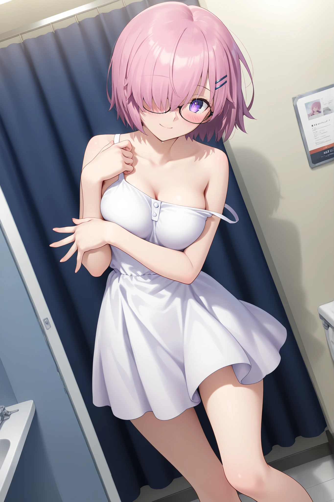 Fully nude with nothing on、Wearing a white coat、Smiling girl with small boobs、Standing pose、Light purple short hair with yellow eyes、high resolution、Expose the nipple、A lot of love juice flows from the pussy、NSFW、In the locker room