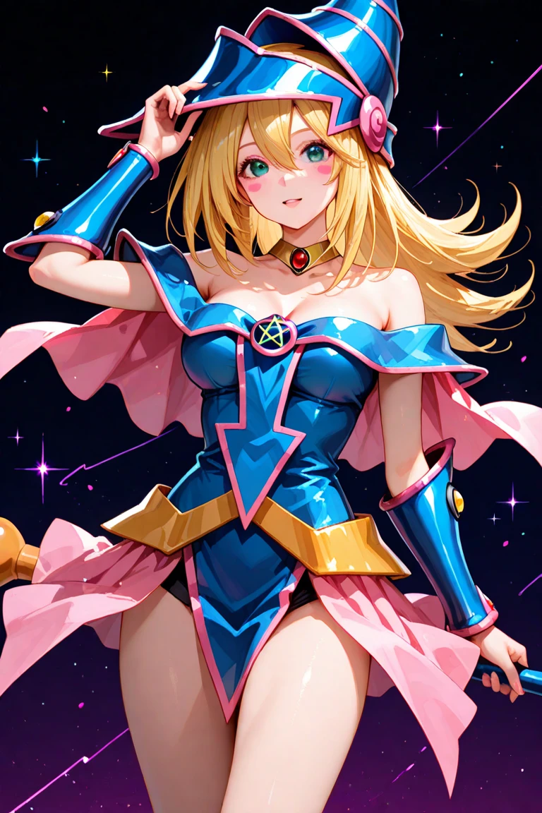 magical girl with large_breasts flying in the luminous magical background, magical effect around torso, cowboy shot, 1girl, solo, (masquerade mask), magical girl, cape, pantyhose, elbow long gloves, young adult, blonde gorgeous hair, luminous hair, large_breasts, large hips,