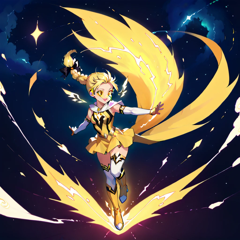 masterpiece,(best quality) magical girl,Lazer gun, yellow, spikey hair, medium sized breasts,( ( character concept art ) )