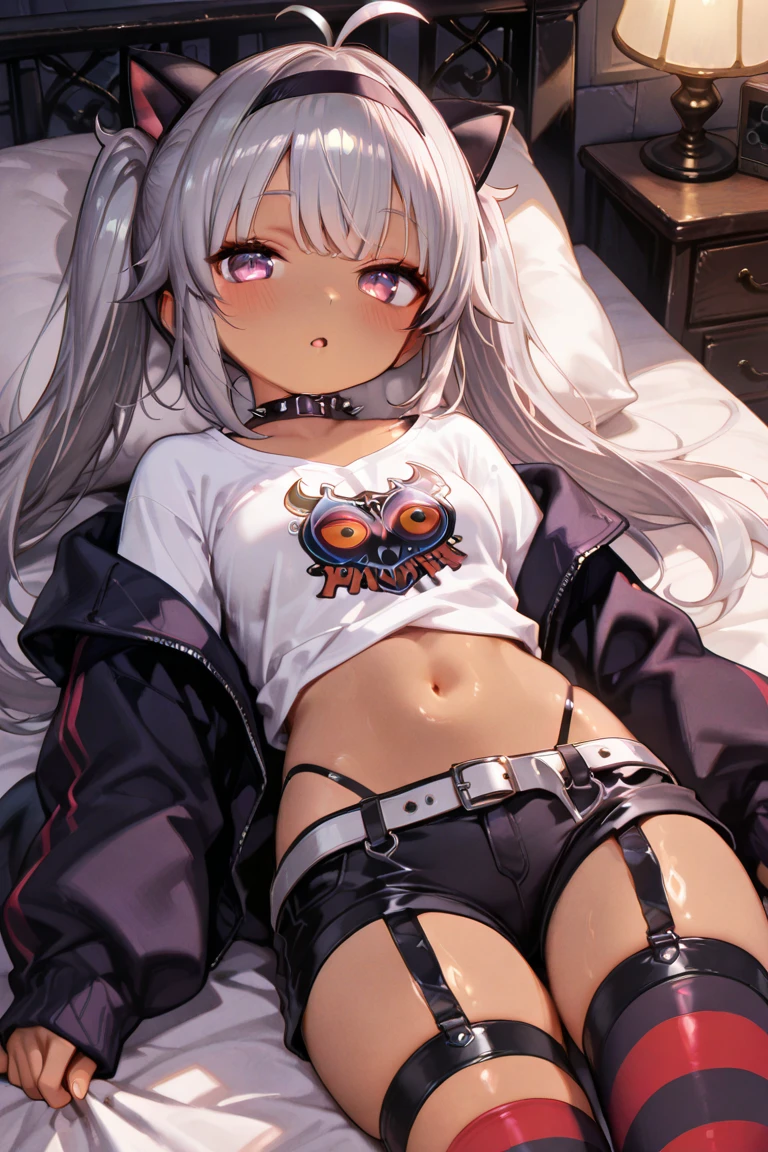 highest quality, 32k, Raw photo, incredibly Abdominal musclesurdres, Very detailed, Delicate texture, (Beautiful and beautiful eyes: 1.2), (overhead), Beautiful Face, 1people girl, 1people,White crop top, leather shorts, Oversized leather jacket, Upper Body, Abdominal muscles,Sweat, Ahegao, Roll your eyes, blush, Drooling,body fluid,indoor, night,Gray Hair、Big Tits、Two-side up messy wavy hair