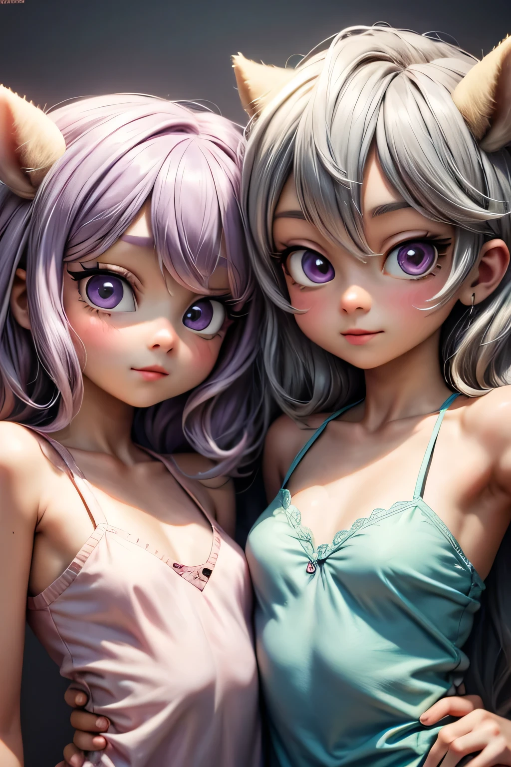 (masterpiece, best quality:1.4), (8K), Young blonde beauty, (((2 girls in love, 18 years old, neat girl))), detailed blue eyes, long eyelashes, blush, kind smile, horny, upper body, topless, small ass, slender thin legs, vagina, (looking at viewer) (close up), beautiful blonde hair, white-skinned, straight bangs, pigtails, squeezing, groping their breats, on top of each other (small size breasts), (mushroom forest, celestial forest, beautiful and magnificent pink sunshine, majestic sky), natural light, pastel colors)