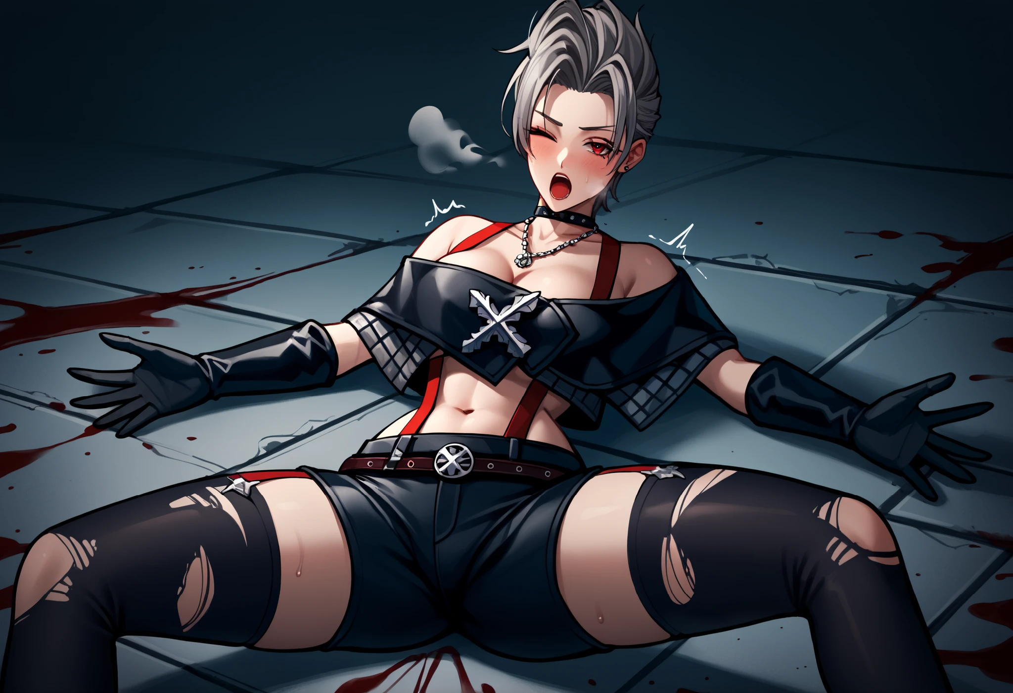 spray of blood, pool of blood, broken tooth, dripping blood