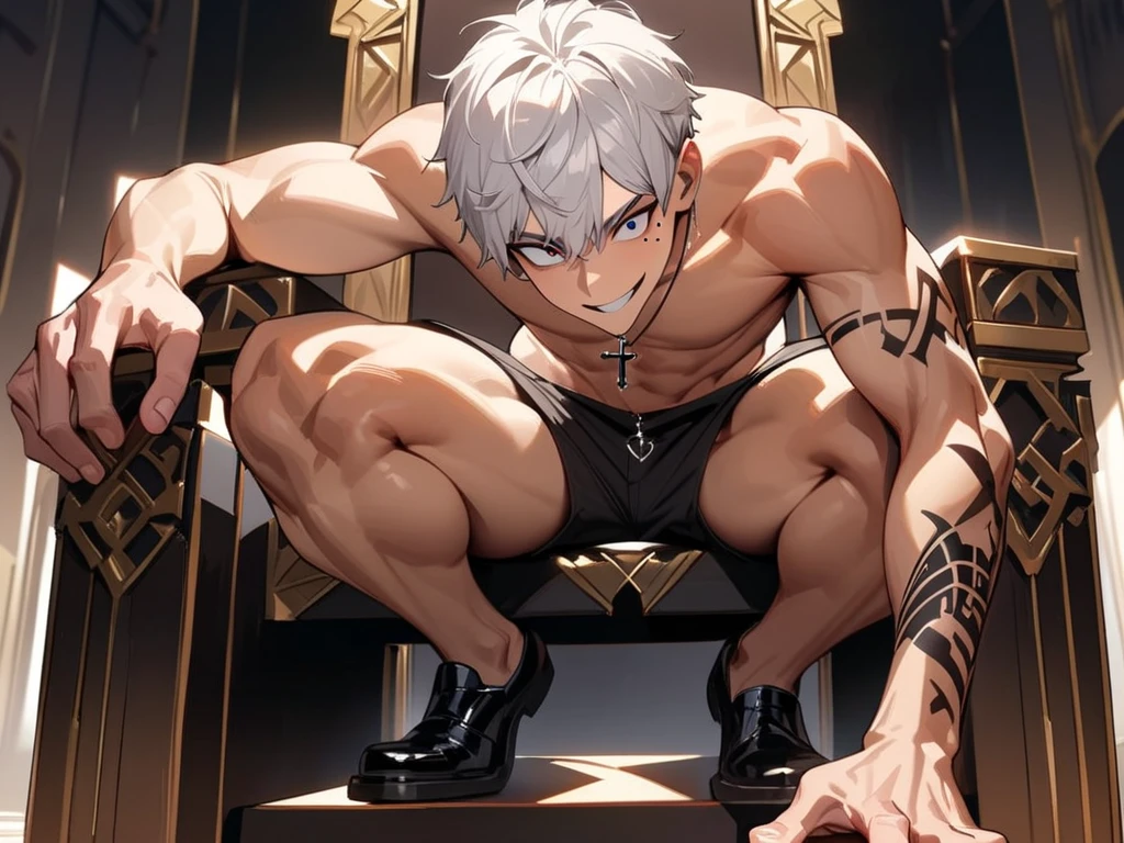 Anime man in black thong sits on chains, Cool anime poses, wearing chain, the the man is wrapped in chain, male anime character, Male Art, sexy dominant pose, Handsome guy in the art of slaying demons, ((chain)), Handsome Japanese demon boy, thick glowing chain, (SFW) Work, The strongest posture, guys, Anime handsome man