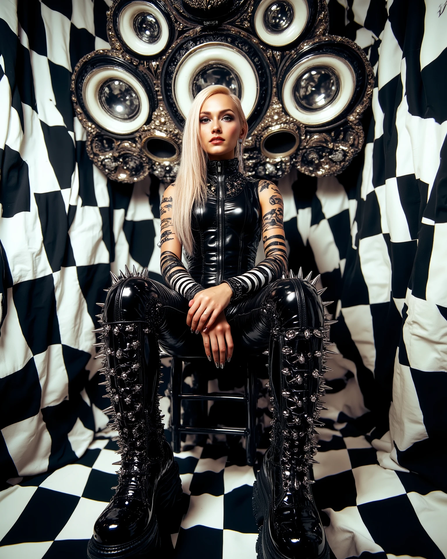 In an environment such as a checkerboard A surreal work that represents a Nordic woman fashion model.  The beautiful punk metal woman wears black leather clothing and spikes with huge platform boots that combine intricate details with abstract and geometric shapes, It integrates seamlessly into the environment. Their heads have、 circular eyes and openings scattered throughout the scene, with complex, with a surrealistic structure. The person wears black and white striped clothing that combines intricate details with abstract and geometric shapes,   The background has a kaleidoscopic effect with black and white patterns  .  The general environment in their heads is dreamy ,that turns the uterus upside down 