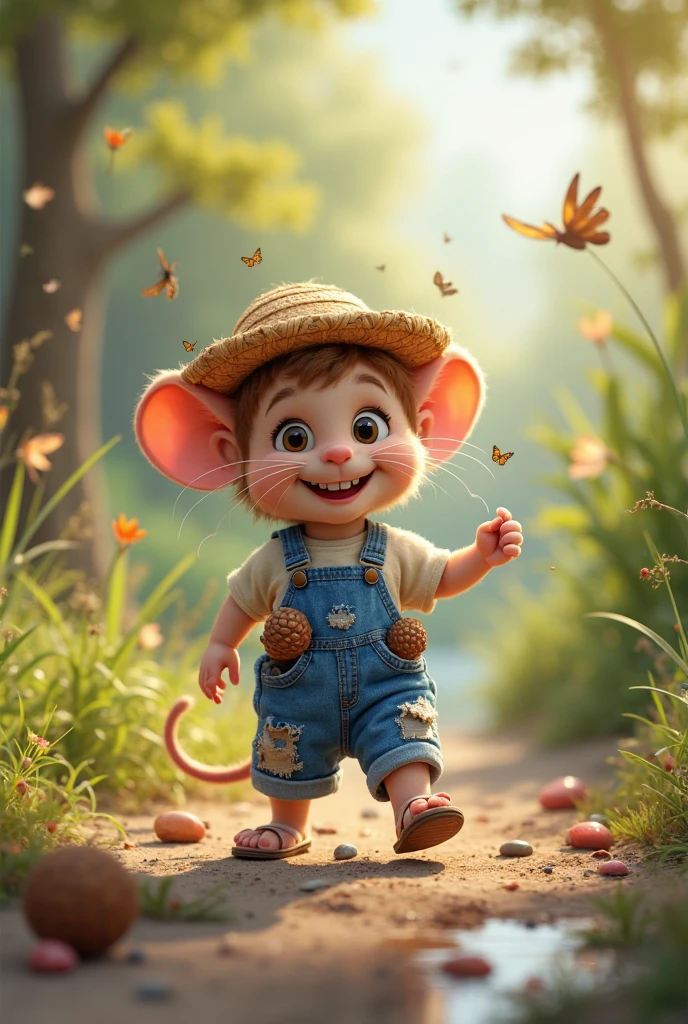 A drawing of a small little mouse (( wearing a blue exploration hat )) crossing mud puddles together in a yard ((big boy)) dark yellow shirt dress and blue shorts, em um jardim.