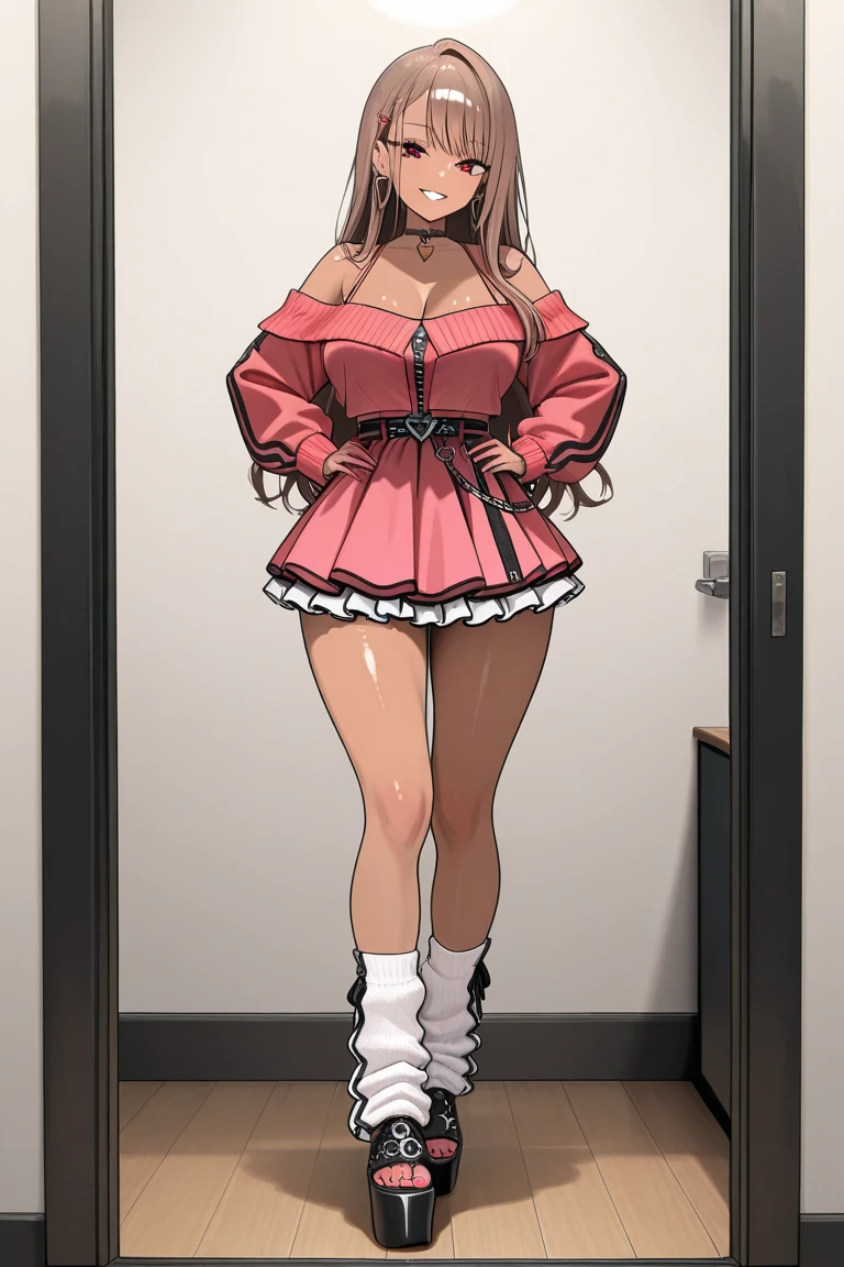 great quality ++ Extremely detailed high resolutionolution, very aesthetic, expressive eyes, (((Perfect face))), (((face symmetrical))), ((good anatomy)), (((perfect hands))), (((8k))), UHD, hd wallpaper, (((detailed high cal, (((((1girl)))))), ((((only))), (((solo))), Masterpiece, The best quality, high resolution, Highly detailed, (illustration), Beautiful detailed eyes, ((((full body))), (((rikkasama))), white tube top under a massive pink fluffy coat, blue short pencil skirt with a on the cut on the right, black thigh highs and pink pumps. A pink silk choker is wrapped around her neck and a pastel pink beret atop her long lushes brown hair. She slung her white purse over her shoulder as she shut the door