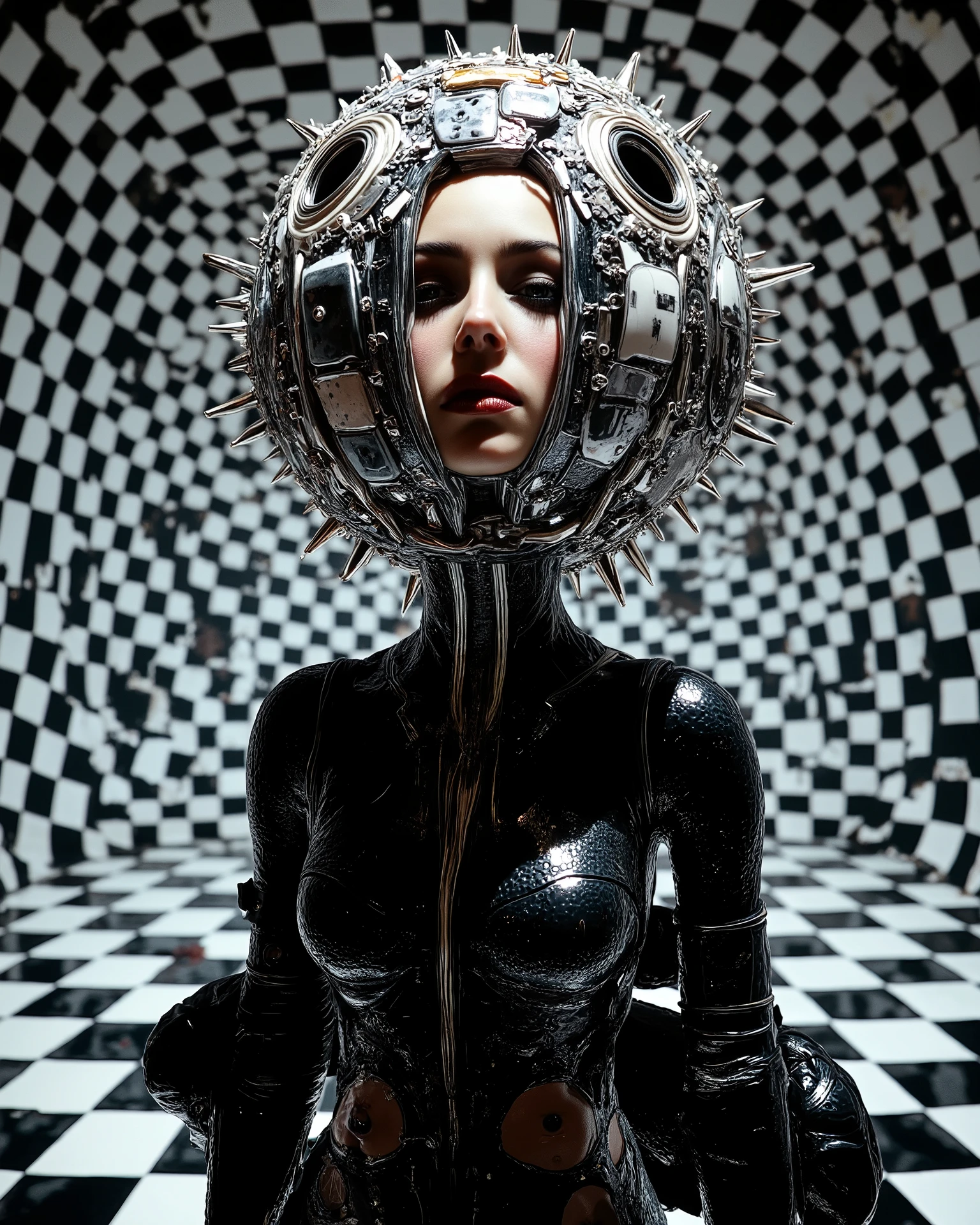 In an environment such as a checkerboard A surreal work that represents a Nordic woman fashion model.  The beautiful punk metal woman wears black leather clothing and spikes with huge platform boots that combine intricate details with abstract and geometric shapes, It integrates seamlessly into the environment. Their heads have、 circular eyes and openings scattered throughout the scene, with complex, with a surrealistic structure. The person wears black and white striped clothing that combines intricate details with abstract and geometric shapes,   The background has a kaleidoscopic effect with black and white patterns  .  The general environment in their heads is dreamy ,that turns the uterus upside down 