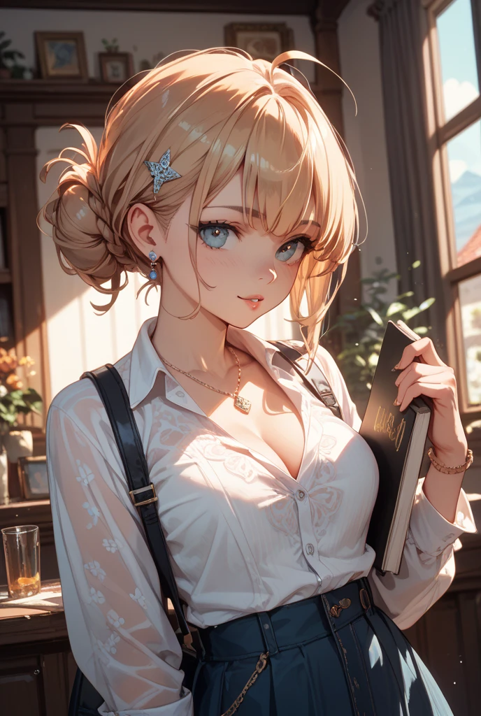 masutepiece, High resolution, 8K, anime woman, Delicate and detailed writing 、Detailed digital illustration、Short hair、perm、Shiny hair、Bangs、a very beautiful woman、Eyes are double, Large, Bust is D cup、High image quality, High quality、Detailed background、The inside of the eye shines like a diamond、Light yellow hair、Gradient pupil、(((2 arms、4 fingers, 1 thumb)))、Detailed female face、Very beautiful and cute woman、、细致背景、masterpiece、Soft Focus , Bright gradient watercolor , Lens Flare , (((Glitter))) , Glow , Dreamy , Yellow Ribbon、((Very beautiful yellow rose hair accessories))、((Straight at the angle of the front))Laughing with open mouth
(School Uniforms:1.2), (gals:1.2), (White shirt:1.3), (Tie a beige cardigan around your waist:1.3), ((cleavage, Unbuttoned):1.2), (Plaid pleated skirt:1.2), ((Necklace,Colorful bracelets,X Hair Ornament):1.2),