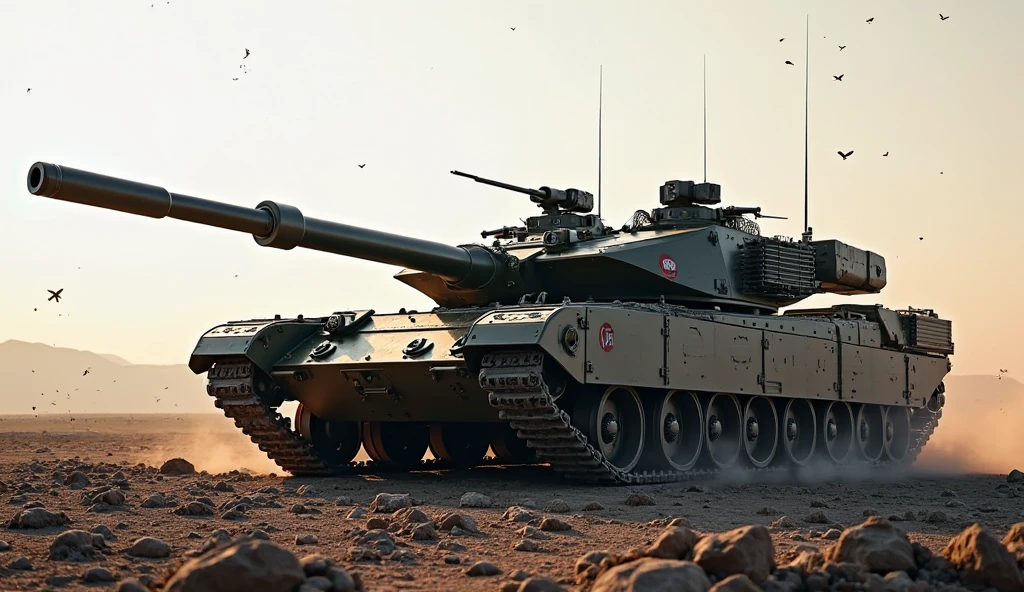 Imagine a military tank designed for battle. It is heavy-duty and robust, built from tough metal, with sturdy caterpillar tracks that allow it to navigate various terrains. The main gun juts outwards imposingly from a rotating turret on top while several smaller machine gun mounts are visible at strategic locations. The tank's body is painted in a disruptive camouflage pattern, enabling it to blend into a variety of environments. Dust swirls around its base as it rumbles forward, emitting an aura of formidable power and steadfast resilience.