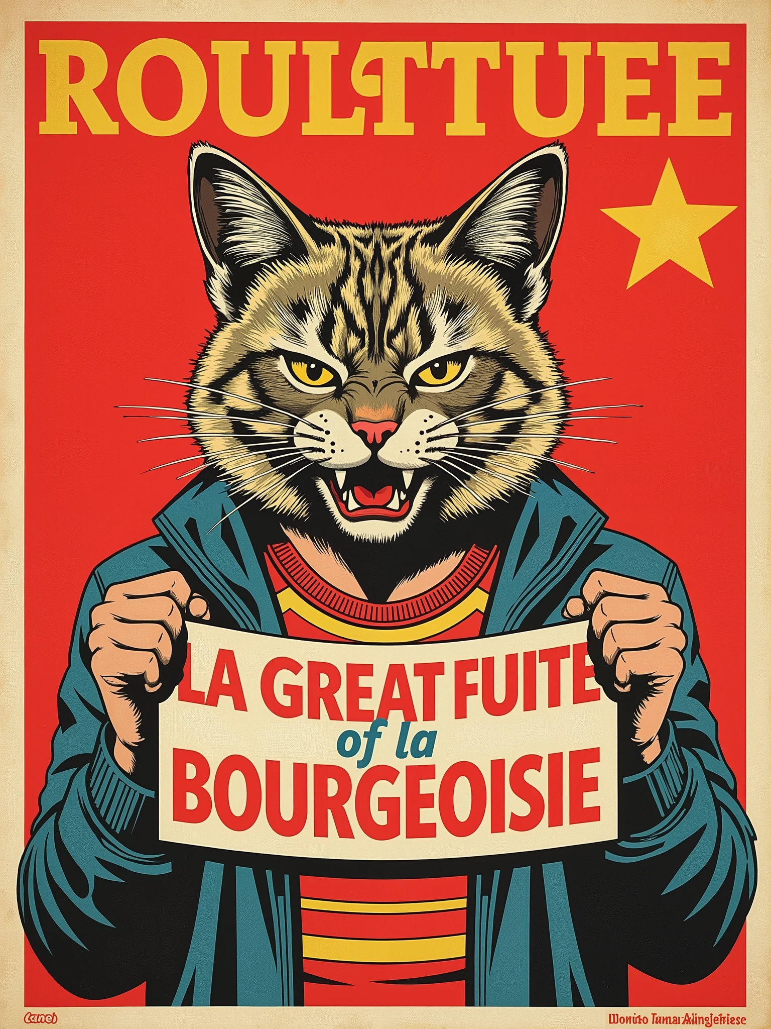 Proletarian queer with an angry pussycat's head holding a lgbt like banner with the mention "LA GREAT FUITE of la BOURGEOISIE" written on this banner. In a cool, colorfull, original and funny revolutionary vintage soviet propaganda and anarchist poster