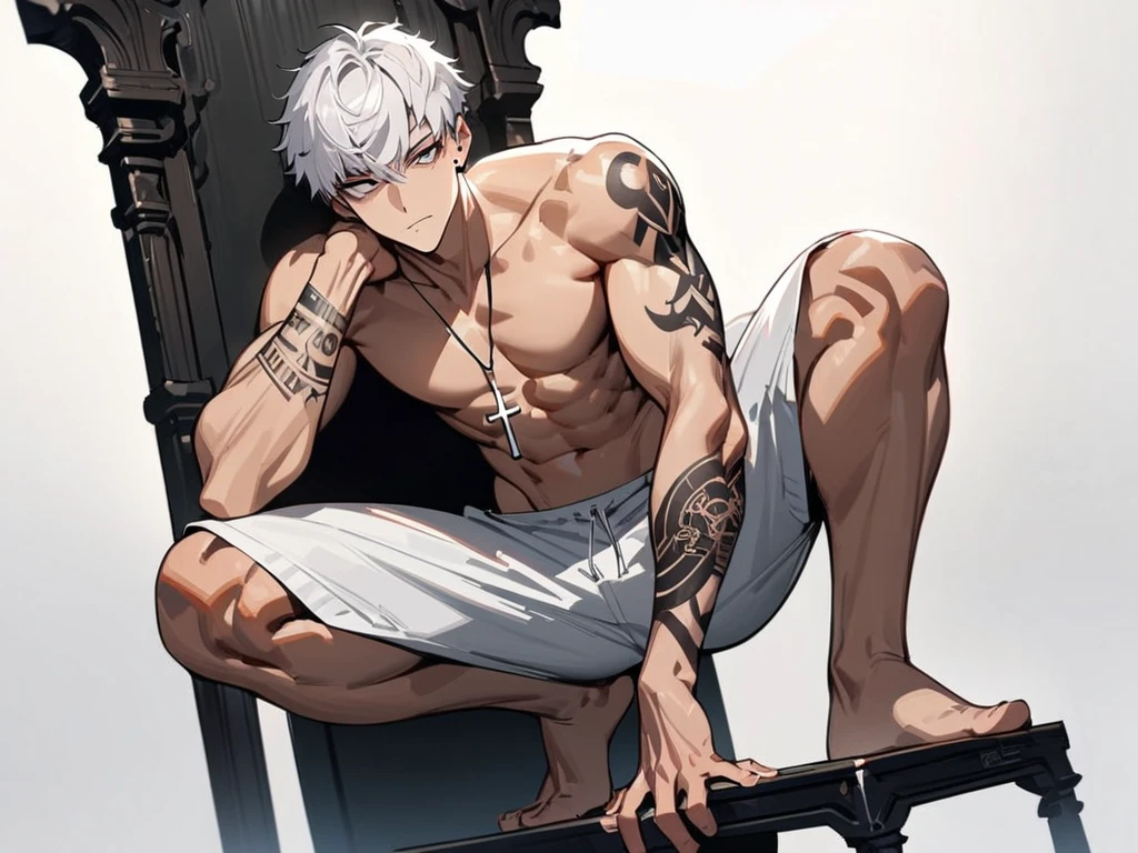 1 person、Doing M-leg spread、White long hair、He has a press on his crotch and chest.、Completely naked