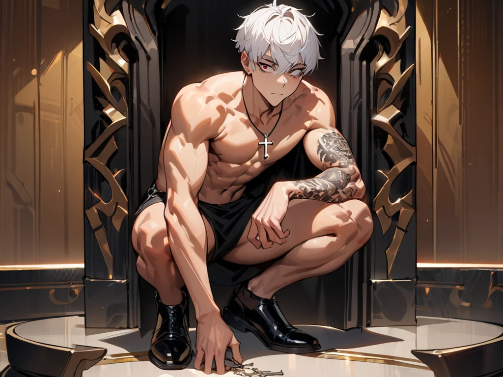 (Masterpiece, Best quality), 1 juvenile, boy,Keep your eyes wide open,largeeyes,a baby faces,Theld's face,naken杂,Wheat-colored skin,with short white hair,Large, Sharp wolf ears,Flat chin,bare pectorals,short detailed hair,The color is very light,Golden eyes, 复杂, nakeness,Clear briefs,Pectoralis abdominal muscles,vivd colour,(depth of fields:1.2),(Abs),Barefoot,There are iron chains on the feet,looking at viewert,Close up,Locked up in prison,Wear a collar around your neck,Full body photo