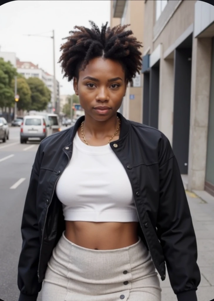 (award winning photography) A 21 year old ((skinny jamaican)) , music chanel presenter, defined jawline, nerdy, mouth slightly open, short edgy bob haircut , stylish urban clothing photographed by famous photographer