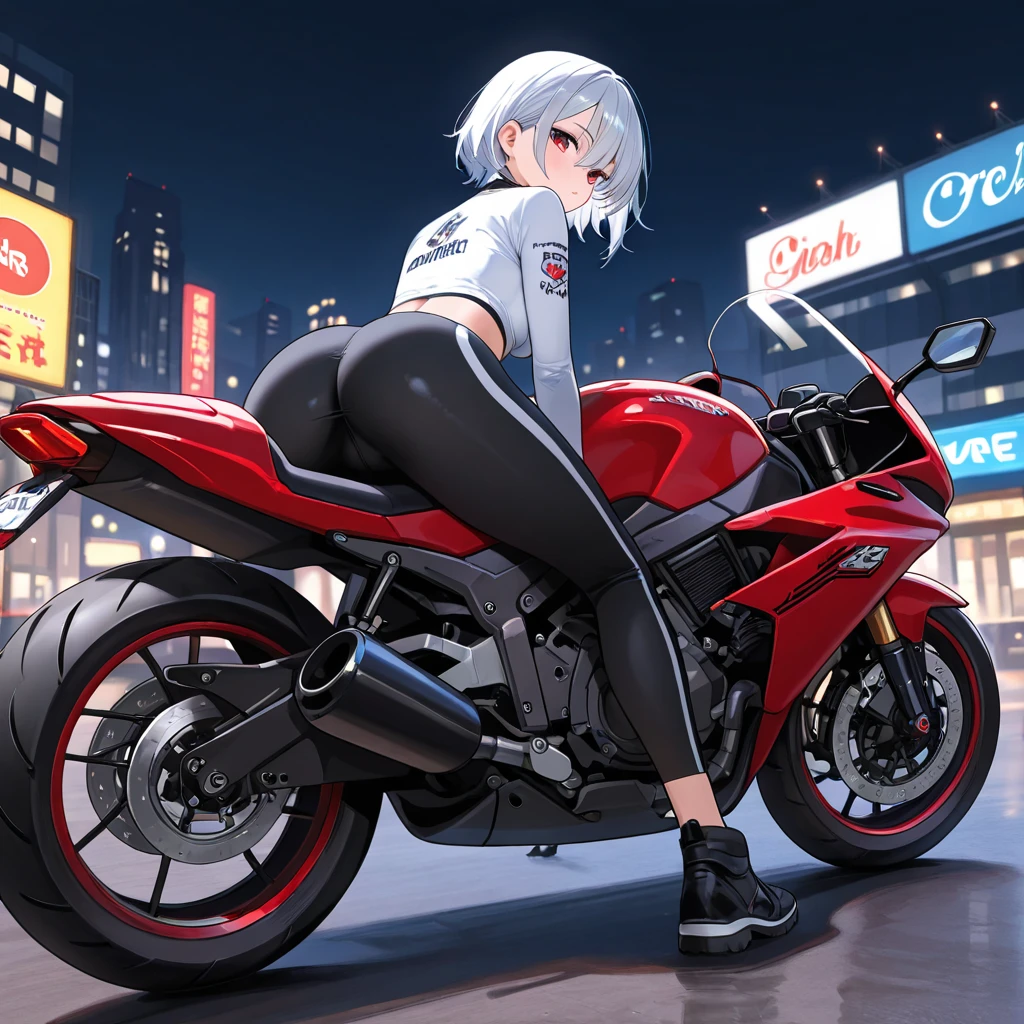 masutepiece, hightquality, hight resolution, high textured, 8K, HighDynamicRange, Robot girl in sexy costume, Huge breasts, White transparent tights, mechs, short white hair, Mechanical prosthetics, mechanical legs, dishevled hair、Detailed skin、Fine-grained skin、Large Motorcycles, Riding Bicycles, natta, cyberpunkcity