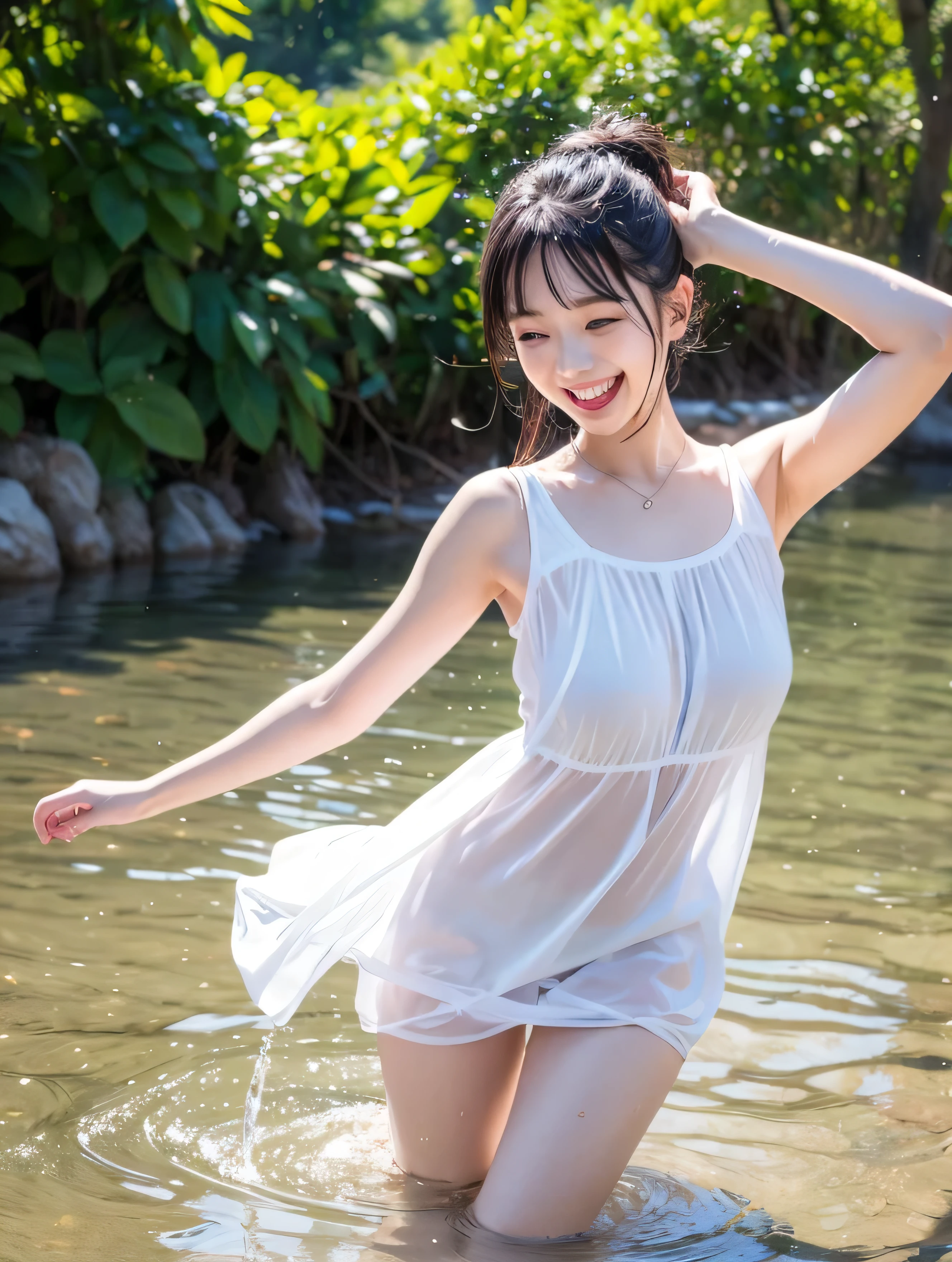 ((​masterpiece))), (One beautiful Japan girl, classmates, landscape and innocence，kawaii，A dark-haired :1.4)) ，超A high resolution, Realistic, ultra-detailliert, 8K,top-quality, Extremely detailed, Detailed background,A slender,very beautiful japanese girl, Detailed face:1.3), , (a baby face，Kawaii type,adorable girl)，masutepiece, High resolution, 8K, Henyo Henyo smile，Eyes are double, Large,High image quality, High quality、Detailed background、early evening、rain is falling、Rain-soaked hair、White shirt wet in the rain，4 fingers, 1 thumb、Detailed female face、Cute and charming pose、​masterpiece、Soft Focus , bright and gentle light , Lens Flare , Glitter , Glow , Dreamy , Wet in the rain, clothes that cling to one's body、(Pale black bra shows through)、((Heavy rain background))、(((Beautiful water background、a miniskirt、With the rainbow in the background)))，beautiful thigh