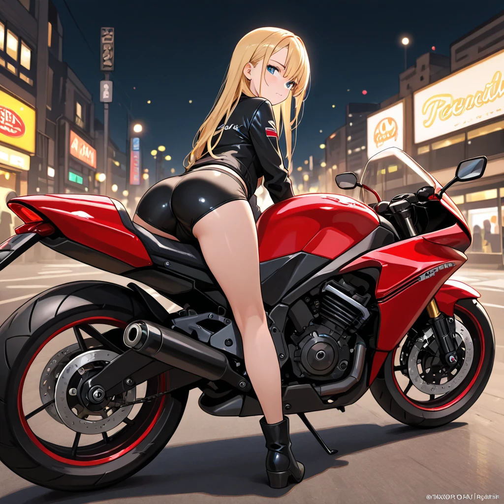 masutepiece, alta qualidade, alta resolução, alta textura, 8k, HighDynamicRange, Robot woman in sexy costume, Seios enormes, transparent white pantyhose, mechas, Cabelos brancos curtos, mechanical prostheses, mechanic legs, cabelos desgrenhados、pele detalhada、fine-grained skin、Motocicletas de Grande Porte, Andar de bicicleta, Noite, Cyberpunkcidade