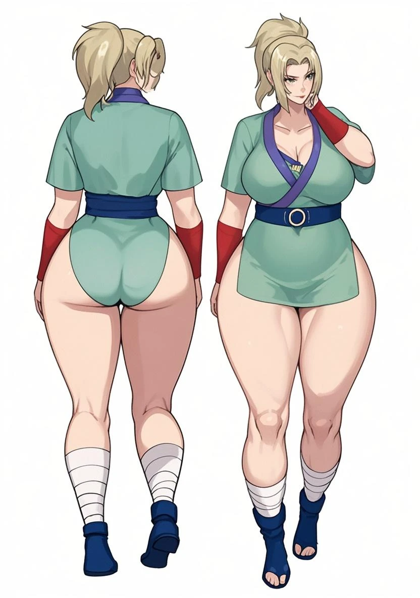 Anime woman, skimpy clothes, barefoot, feet visible, slightly muscular, front and back, big ass, small waist