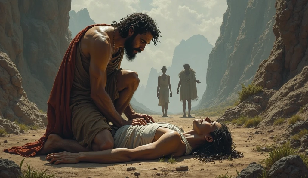 A suffering Job sits on a pile of ash, his body covered in painful sores from head to toe. Dark, cloudy skies Nearby, Job's wife wears a bitter expression, instantly cursing God, but Job remains resolute, though visibly in pain."