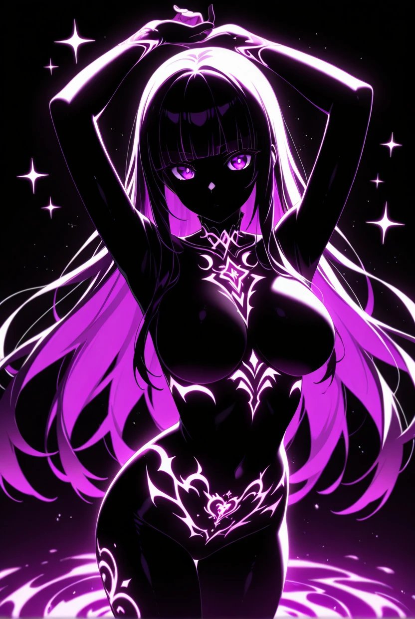 ((dark fantasy art)), beautiful demon girl, ((black glossy skin)), dark black skin, black skin, ((ash wet skin)), black skin, oily skin, very long black hair, ((lying in oil)), (lots of belly chains), (((hands on belly))), ((lots of tattoos)), (short clothing), open belly, (((lots of black long slippery tentacles wraps on body))), ((lots of black oil flows)), black oils, lots of oil, bright purple light, highly detailed art, extremely detailed background