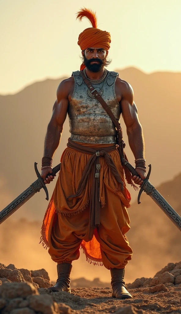 A muscular warrior named Bheema, captured from a distance in an evening post-war scene, holding a huge round mallet, backlit by a foggy and burning ruins, (best quality,4k,8k,highres,masterpiece:1.2),ultra-detailed,(realistic,photorealistic,photo-realistic:1.37),dramatic lighting,cinematic composition,epic fantasy,detailed muscular body,intense expression,Mahabharata,battlefield,dramatic smoke and fog,warm color tones,dramatic atmospheric lighting