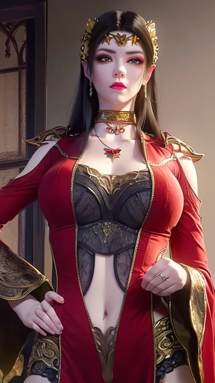(,1 Girl, View,最好of质量,masterpiece,  ) (Mature female , Large Breasts,下垂of乳房、Cleavage, cleveage、Thick thighs, Wide hips, Curvy beauty, Perfect body，), (())  Hyper-realistic 8K CG, Flawless, 乾淨of, masterpiece, Professional artwork, Famous Artworks, Movie Lighting, Movie Bloom, Perfect face, 漂亮of脸蛋, fantasy, Like a dream, illusory, Science fiction, luxurious, jewelry, diamond, Kaneko, pearl, gem, 蓝gem, 红gem, emerald, 复杂of细节, 精緻of圖案, charming, 诱人of, 诱人of, of, enchanting, Hair accessories, necklace, earrings, bracelet, armband,Halo,秋天of落叶,