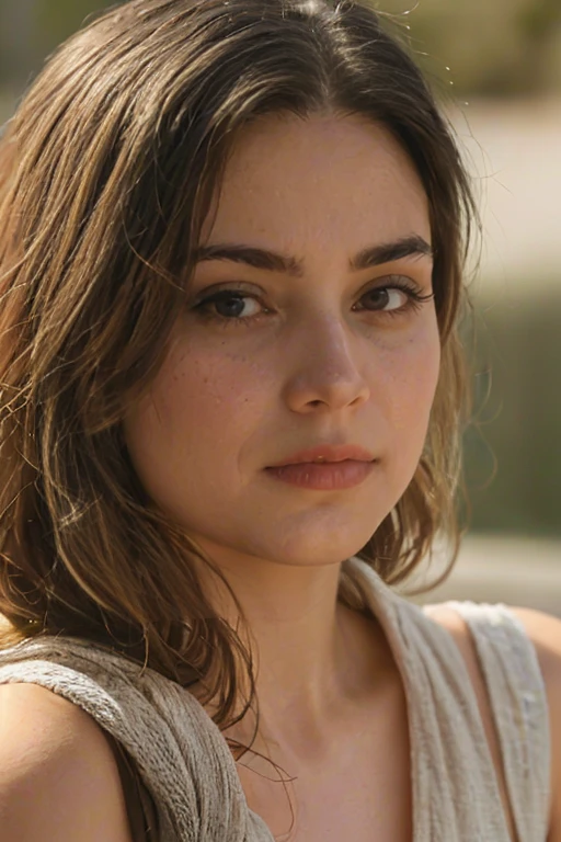generate me a hyper realistic sexy female face with a sun tan, brown hair, brown eyes, with some freckles