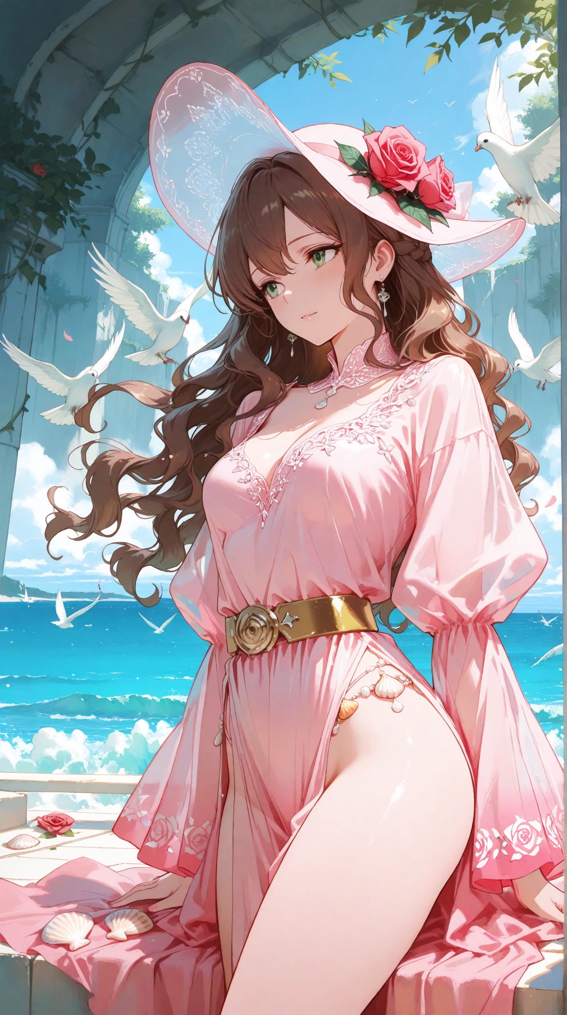Katarina has long light auburn hair, plump lips and tanned skin. consists of a gold, plunge neckline dress with a deep pink gradient at the trim that is tied at the back just behind her neck and has two silver rings at each of her shoulders. She wears this over her white, Preset 3 Diva Bikini, and with it are matching gold lace-up high heels with the pink gradient around the ribbons which tie around her ankles. Her high heels are also tied at the front around a silver pendant which matches the heel of the shoe itself. This outfit is accessorized with feathered earrings, large, brown sunglasses with a single silver stud at the corner of each lens, and a large white sun hat. She also wears a gold necklace with a diamond pendant surrounded by two claw-shaped pendants on each side, three bracelets around her left wrist, a large bracelet on her upper right arm, a silver stone bracelet around her right wrist, and an armlet with dangling silver chains on her right arm. SPARKLE; GLITTER