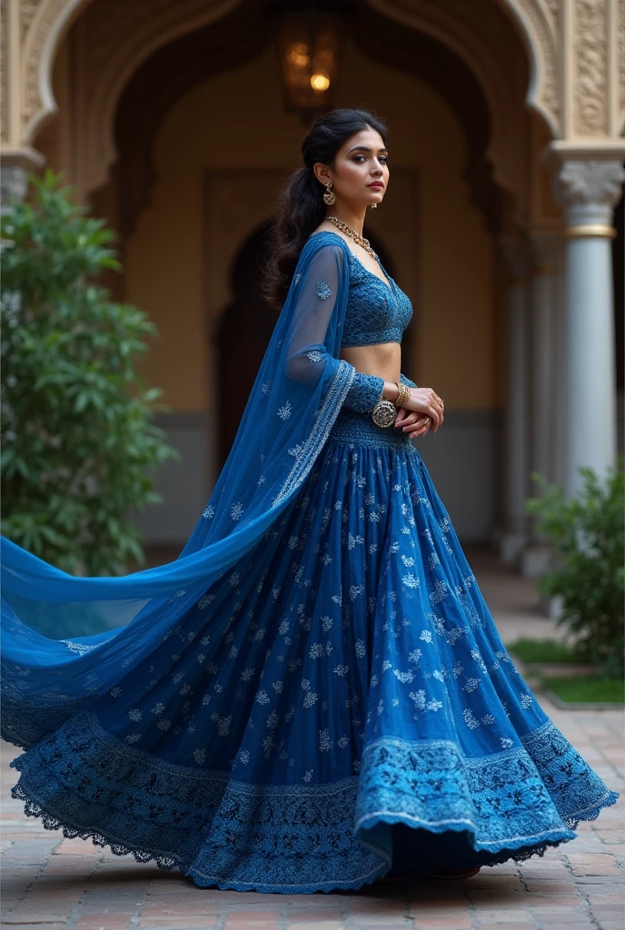 create a lehanga with silver beads arching patterns bottom of the lehanga, colour should be cornflower